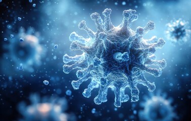 Detailed close-up of blue microscopic virus particles floating in a dark environment with glowing highlights