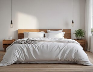 Crisp white linens on king bed, minimalist Scandinavian bedroom , king size bed, Scandinavian