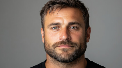 Obraz premium Close up portrait of man with strong jawline and beard, showcasing intense blue eyes and serious