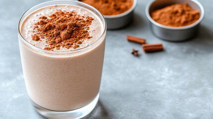 Creamy vanilla protein shake topped with cocoa powder, served in clear glass