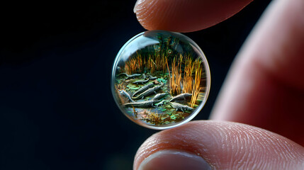 Hand Holding Round Glass Sphere With Nature Scene