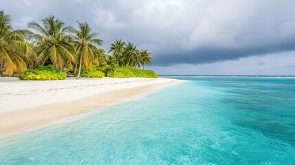 Overcast tropical beach background with moody skies and reflective water surface