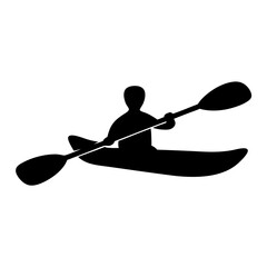 Silhouette of a kayaker paddling across a body of water with white background