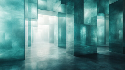 Glowing teal glass pillars in misty corridor, abstract background