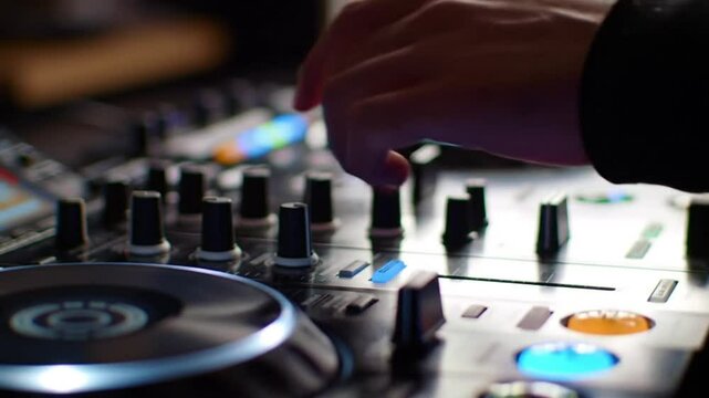 Close up of d js hand on sound mixing console with lights