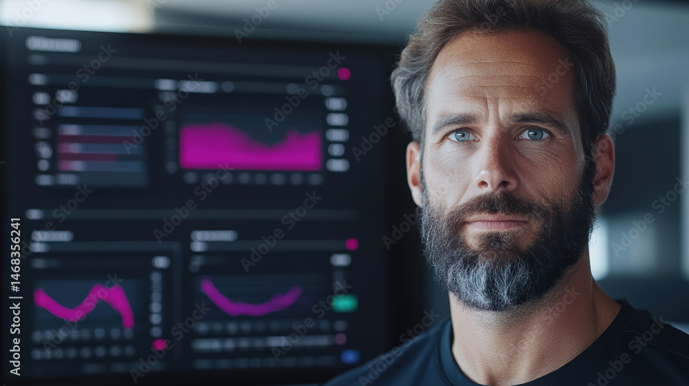 Poster high tech business dashboard with data analysis confident man with beard modern office