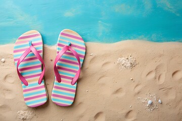 Fototapeta premium Top view of striped flip flops summer vacation on sandy beach with turquoise background