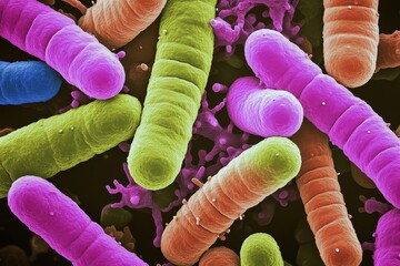 Bacteria microorganism science microbiology germ health colorful medicine infection disease cell biology in close up microscopic view, suitable for healthcare and research concepts