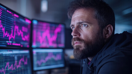 Focused trader analyzing data on multiple screens with vibrant graphs and charts