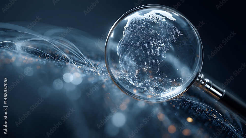 Leinwandbilder a futuristic globe magnified by a glowing magnifying glass, surrounded by abstract data streams and 