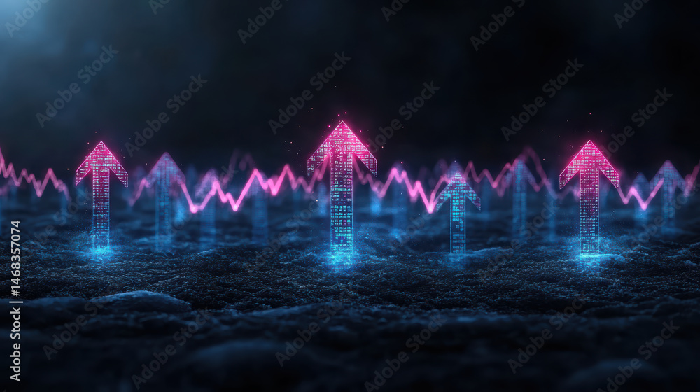 Poster digital chart with glowing arrows indicating growth and progress in futuristic setting