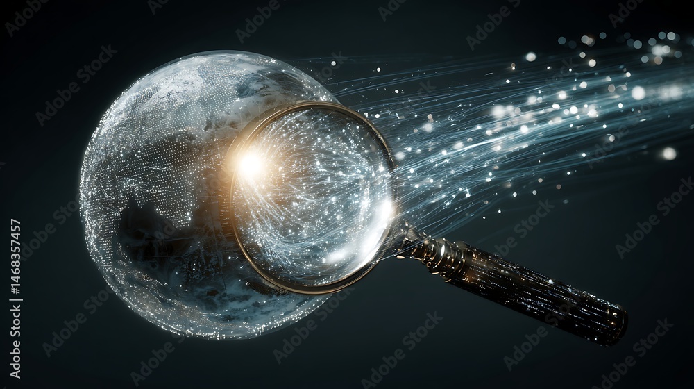 Fototapete A futuristic globe magnified by a glowing magnifying glass, surrounded by abstract data streams and networks symbolizing global media surveillance and competitive analysis, modern