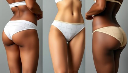 A triptych display showcasing three close-up views of women's upper thighs and hips