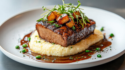 Gourmet slow braised brisket served on creamy mashed potatoes with fresh herbs