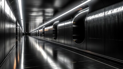 Dark, sleek corridor with glowing lines and reflective floor