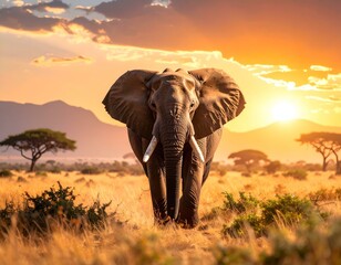 Obraz premium Majestic African elephant at sunset in the savanna. A breathtaking wildlife scene.