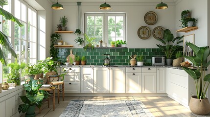White cabinets and green tiled wall high resolution picture