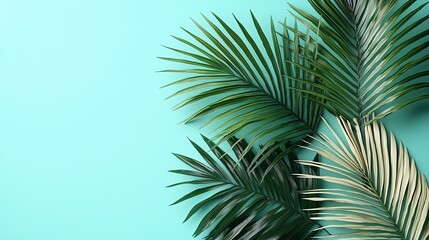 Obraz premium Lush green palm fronds arranged on a teal backdrop