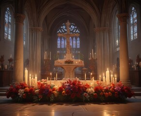 Vibrant blooms adorn church altar, candles glow softly ,  colorful,  wedding