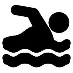 A simple icon depicting a person swimming in a body of water