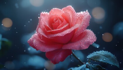 Stunning Pink Rose Flower with Sparkly Water Drops on Dark Bokeh Background