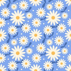 Seamless daisy flower pattern with cream petals and blue leaves on a soft blue background. Cute and fresh floral design, perfect for spring, fabric, wallpaper, and wrapping paper.