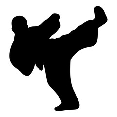 Black silhouette illustration of a man performing a martial arts kick movement