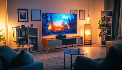 Cozy Modern Living Room Interior with Large TV Home Entertainment Setup