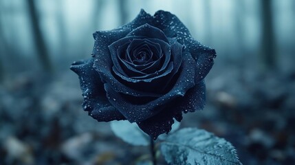 Close-up of a dark blue rose covered with dew drops with a blurred forest background creating a calm and mysterious atmosphere