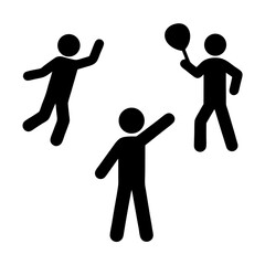 Three simple black stick figures engaged in activities with playful enthusiasm