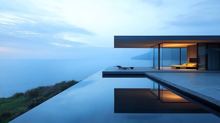 Fototapeta premium Ultra modern glass house cliff overlooking ocean dusk sky reflections hyper realistic photography