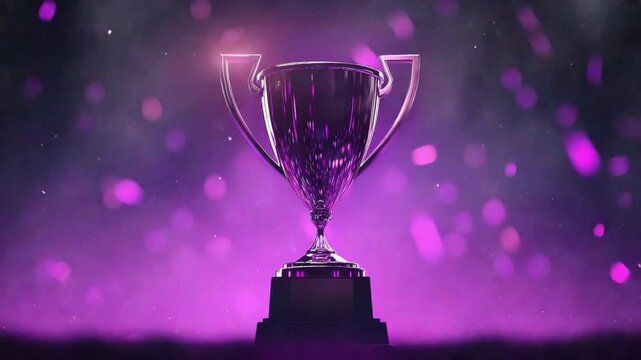 Glimmering sports trophy on a vibrant purple background with sparkling light effects for celebration and achievement themes 4k video footage