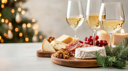 Naklejka premium Elegant wine tasting event with cheese, nuts, and fruits, creating festive atmosphere