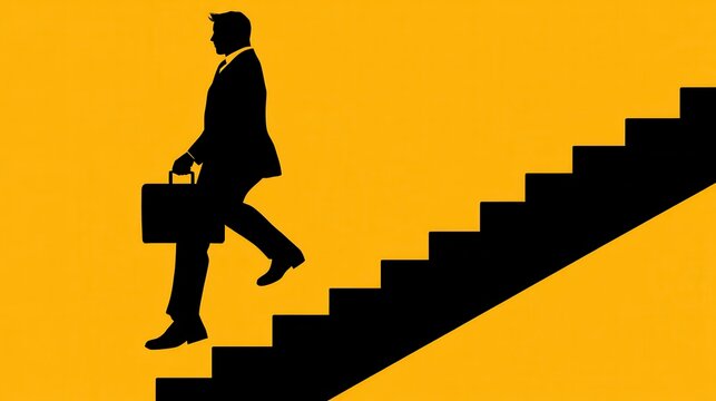 Businessperson descends steps symbolizing career downturn financial loss or demotion with an orange background for visual contrast