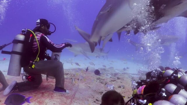 un buzo profesional realiza un show alimentando tiburones toro (carcharinus leuca) con pedazos de carnada