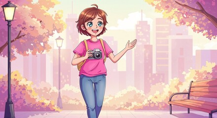 Cheerful blogger holding camera during city park walk in anime-style illustration 