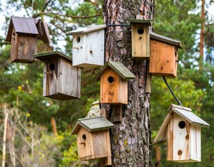 Multiple birdhouses hanging on a tree trunk in a forest.  A charming nature scene.