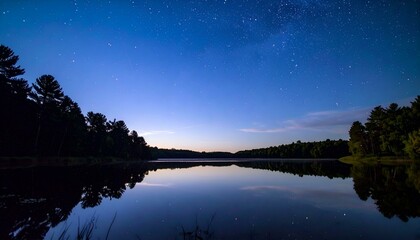 Serene night scene of a calm lake reflecting a starlit sky, surrounded by tranquil trees.