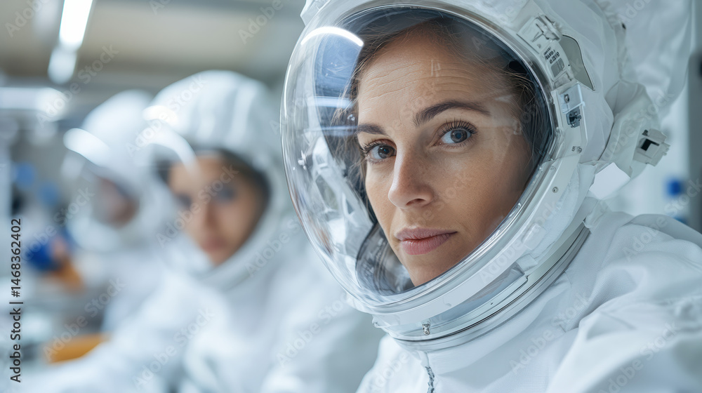 Aufkleber advanced space scientists in protective suits focused expressions teamwork laboratory setting