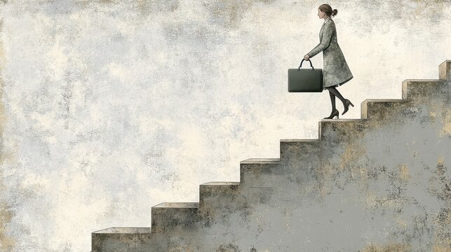 Ascending aspirations woman climbing staircase with suitcase textured background depicting journey to success challenges ahead