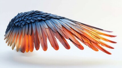 Fototapeta premium Striking image of a vibrant and dynamic feathered wing in motion against a minimalist ethereal background The wing s intricate patterns and colors create a captivating and mesmerizing visual effect