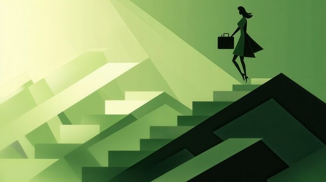 Businesswoman navigating abstract green career staircase success climbing steps towards brighter future challenge opportunity and ambition