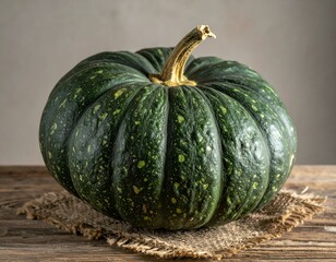 A single, vibrant green pumpkin with speckled skin rests on rustic burlap, set against a neutral backdrop.  The image is perfect for autumnal themes, Thanksgiving, or healthy eating.