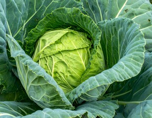 Obraz premium Fresh green cabbage in the garden. Close-up view of a whole cabbage head surrounded by large leaves.