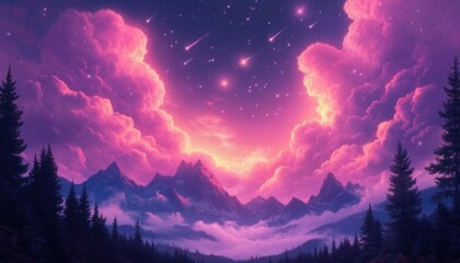 Majestic mountain range surrounded by dense pine forest under a vibrant purple and pink sky filled with dramatic clouds and streaking shooting stars, evoking wonder