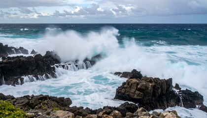 Dramatic ocean waves crashing against dark volcanic rocks. Breathtaking coastal scene with turquoise water and white foam.