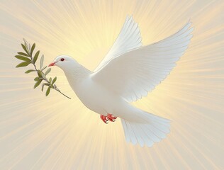 Obraz premium white dove in flight carrying an olive branch with radiant light background symbolizing peace and hope