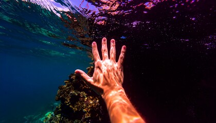 Struggling hands emerge from the depths of water.  