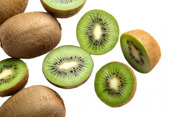 Fototapeta premium Whole and sliced kiwis showing vibrant green interior and texture on white background