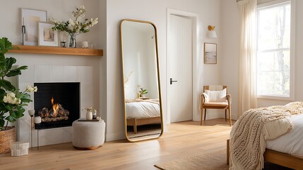 A large, full, length mirror with a brass frame, standing on the floor in front of a fireplace and bedroom door, the light wood floors and modern home decor